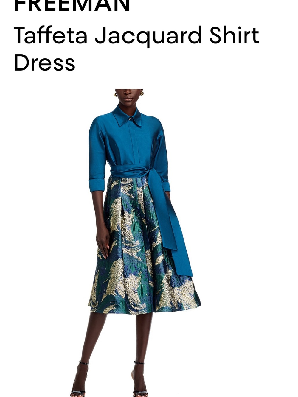 Rickie Freeman for Teri Jon Shirt Dress- Teal with Metallic Gold Jacquard Skirt